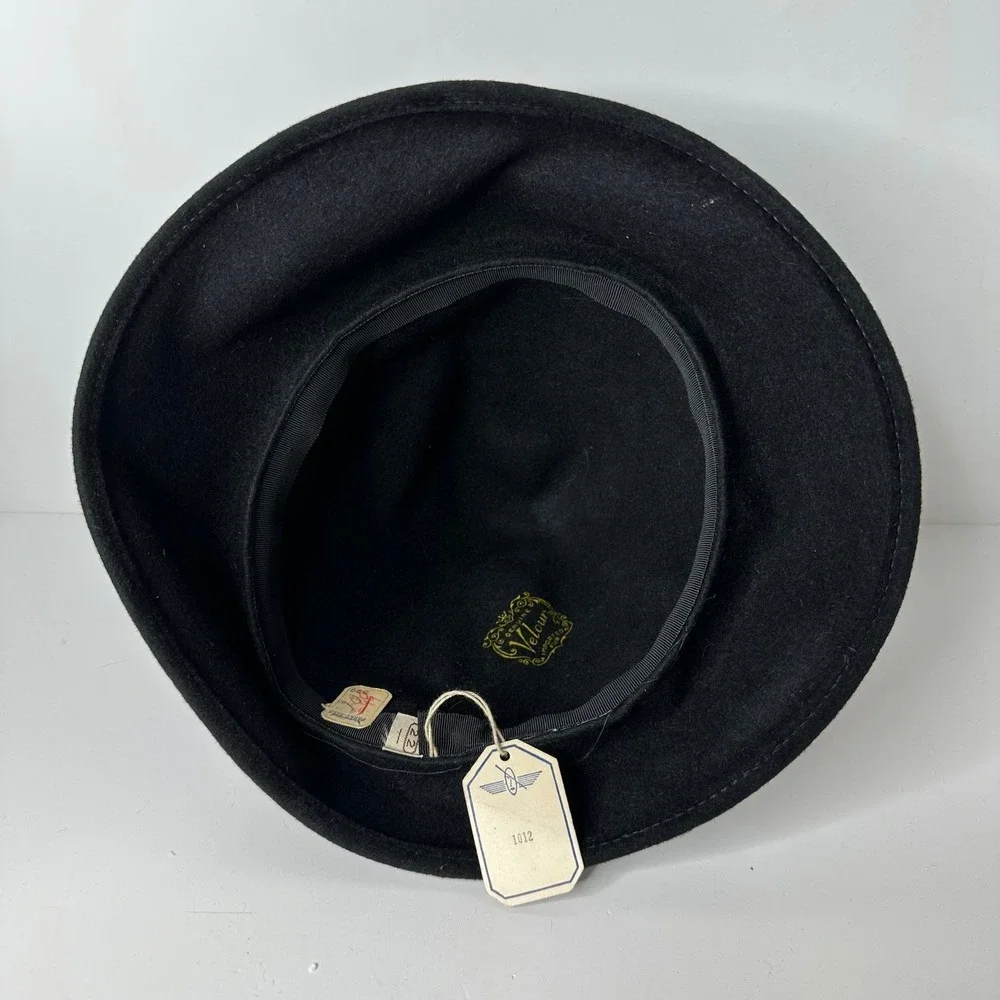 Vintage Parks-Belk Black Genuine Velour Fur Cloche Hat Union Made Size 22 Bow‎